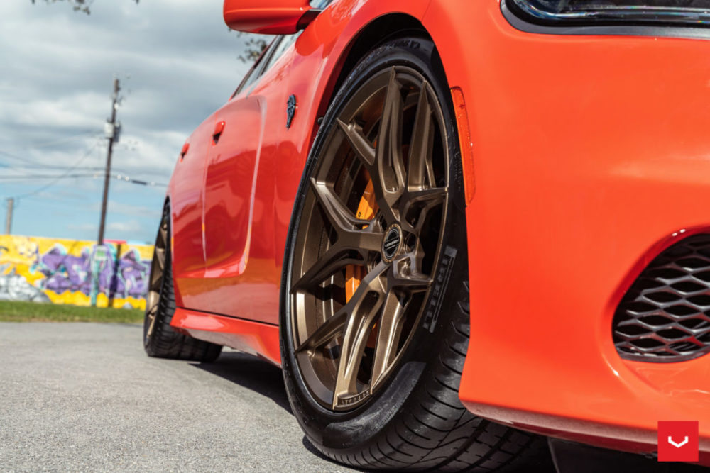 orange hellcat charger hf5 vossen hybrid forged wheels satin bronze