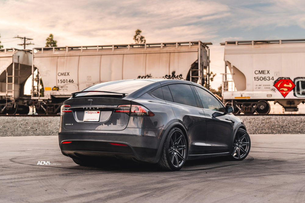 dark gray tesla model x lightweight aftermarket  inch rims adv flow spec wheels o